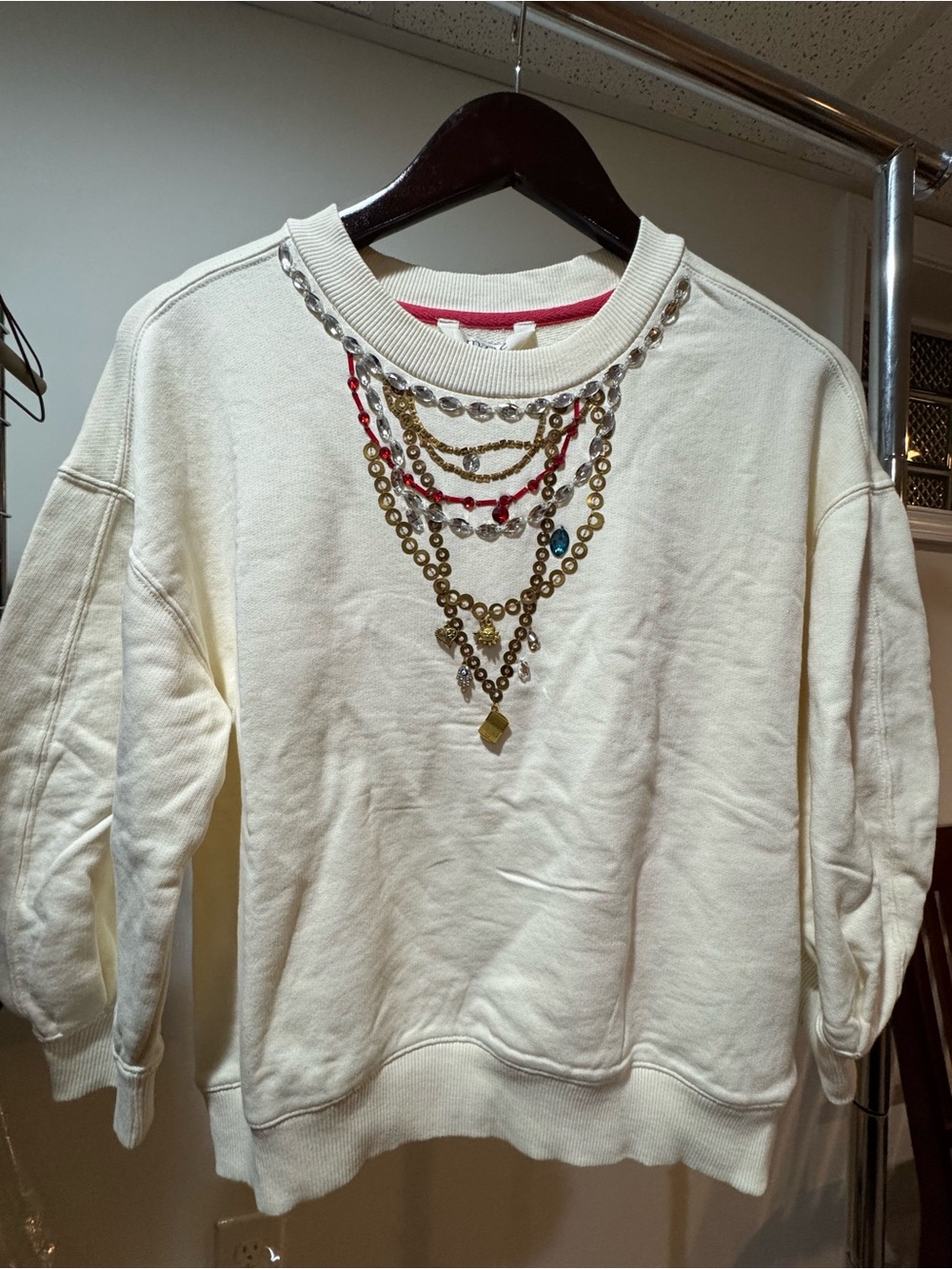 NWT Maeve Cream Crewneck Sweatshirt with Layered Chain & Charm Embellishment